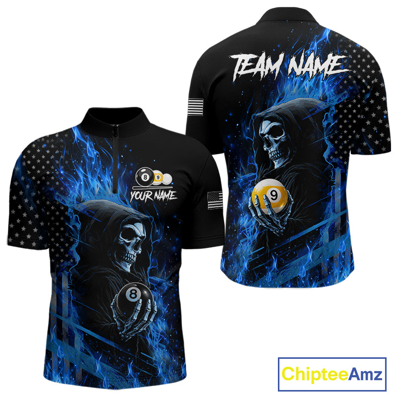 Blue Flame 8 Ball and 9 Ball Grim Reaper US Flag Quarter Zip Billiard Shirt with Custom Pool League Team Design for Competitive Players