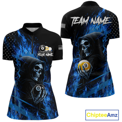 Blue Flame 8 Ball and 9 Ball Grim Reaper US Flag Quarter Zip Billiard Shirt with Custom Women's Pool League Team Design and Athletic Performance