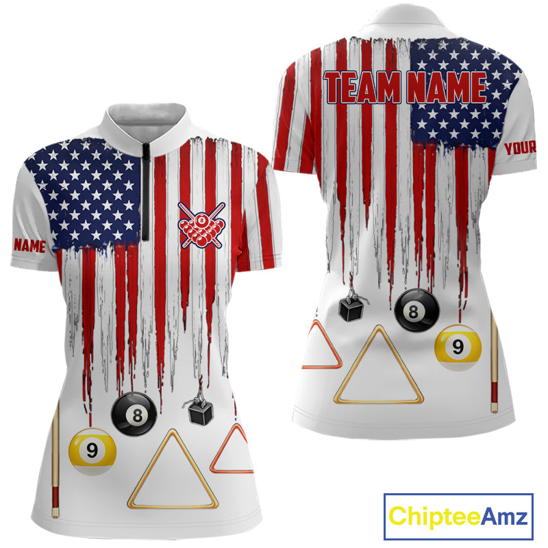 American Flag Billiard Shirt For Women Custom Patriotic Pool Team Jersey Polo & 1/4 Zip |White TDM5753