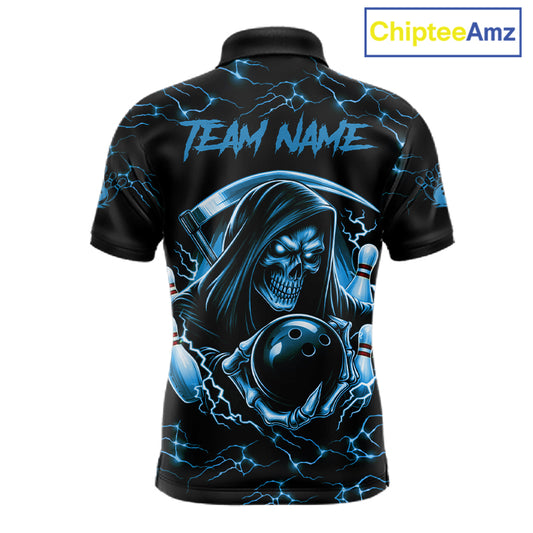 Custom Blue Grim Reaper Lightning Bowling Shirt For Men, Skull Bowling Jersey Team Polo & 1/4 Zip TDM5953