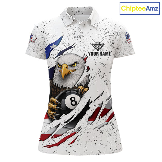White Grunge US Flag Eagle Billiard Shirt For Women Custom 8 Ball Pool Team Jersey Polo & 1/4 Zip TDM5956