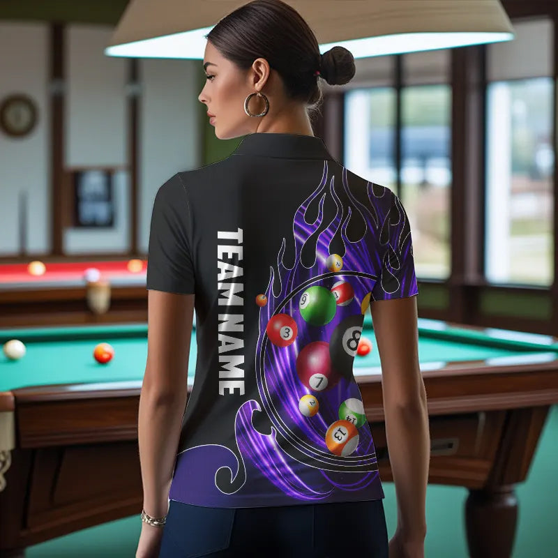 3D Billiard Balls Fire Flame Custom Pool Shirts For Women, Billiard League Team Jerseys | Purple TDM3753