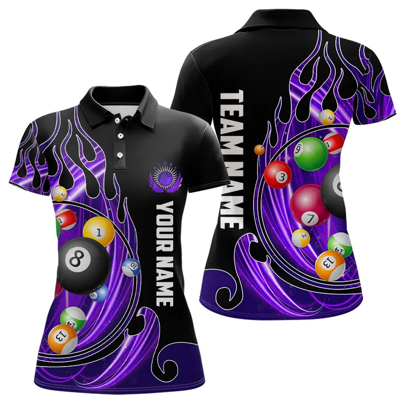 3D Billiard Balls Fire Flame Custom Pool Shirts For Women, Billiard League Team Jerseys | Purple TDM3753