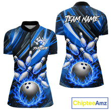 Load image into Gallery viewer, Custom Blue Flaming Silver Bowling Jersey For Women, Bowling League Team Shirts Polo &amp; Quarter Zip TDM6549