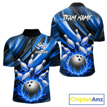 Load image into Gallery viewer, Custom Blue Flaming Silver Bowling Jersey For Men, Bowling League Team Shirts Polo &amp; Quarter Zip TDM6549