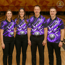 Load image into Gallery viewer, Custom Purple Flaming Silver Bowling Jersey For Men, Bowling League Team Shirts Polo &amp; Quarter Zip TDM6550