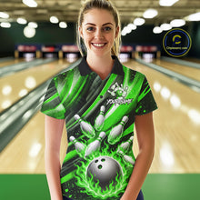 Load image into Gallery viewer, Custom Green Flaming Silver Bowling Jersey For Women, Bowling League Team Shirts Polo &amp; Quarter Zip TDM6551