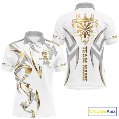 White and gold dartboard crown darts polo shirt for men with custom darts team graphics.