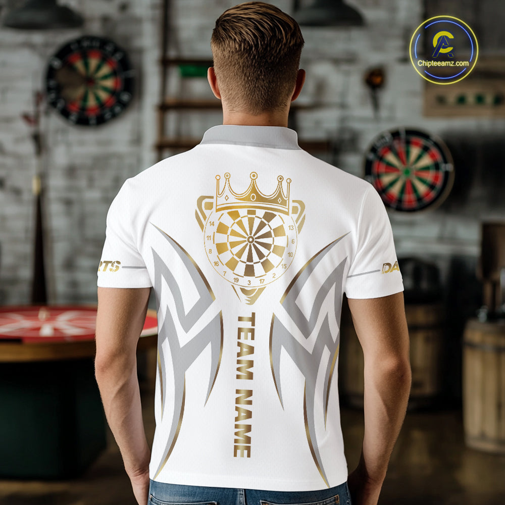 Back view of man wearing a white and gold dartboard crown darts shirt.