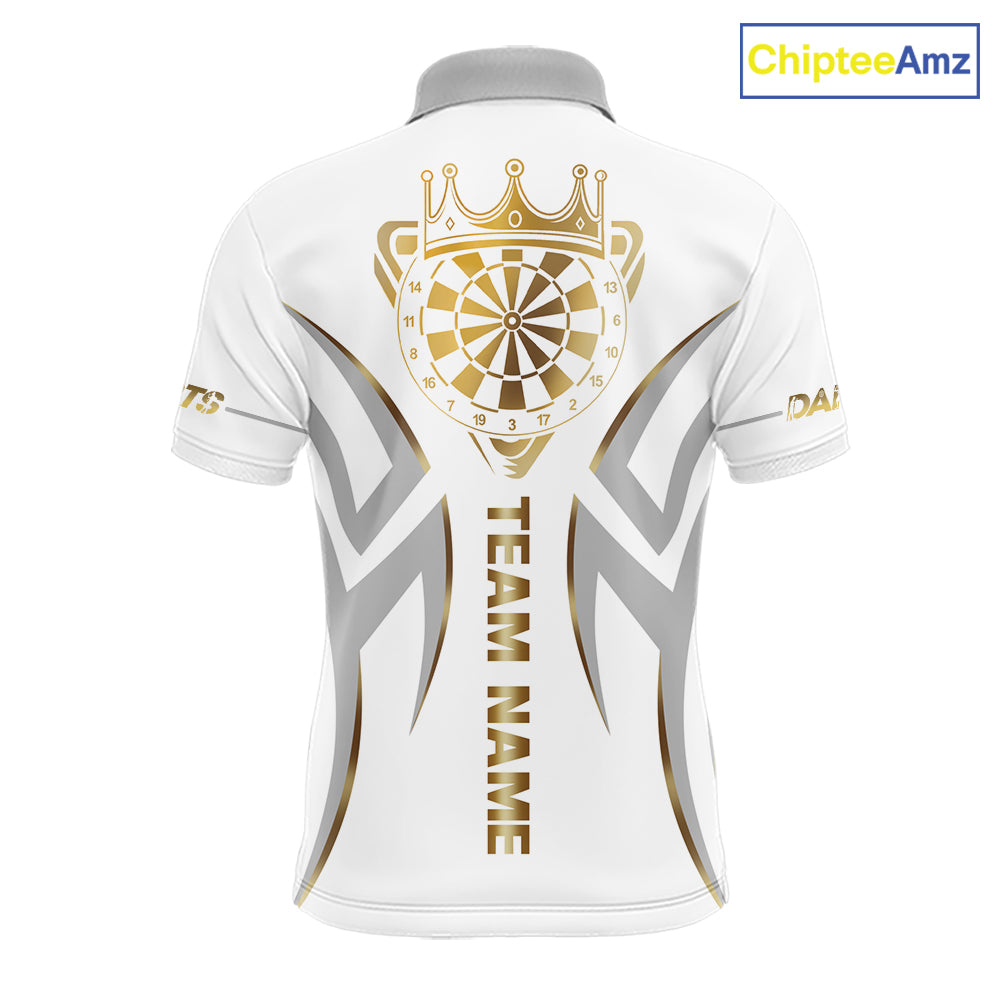 White and gold dartboard crown darts polo shirt for men with custom darts team graphics.