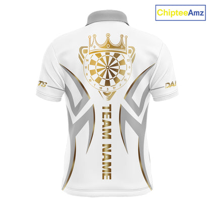 White and gold dartboard crown darts polo shirt for men with custom darts team graphics.