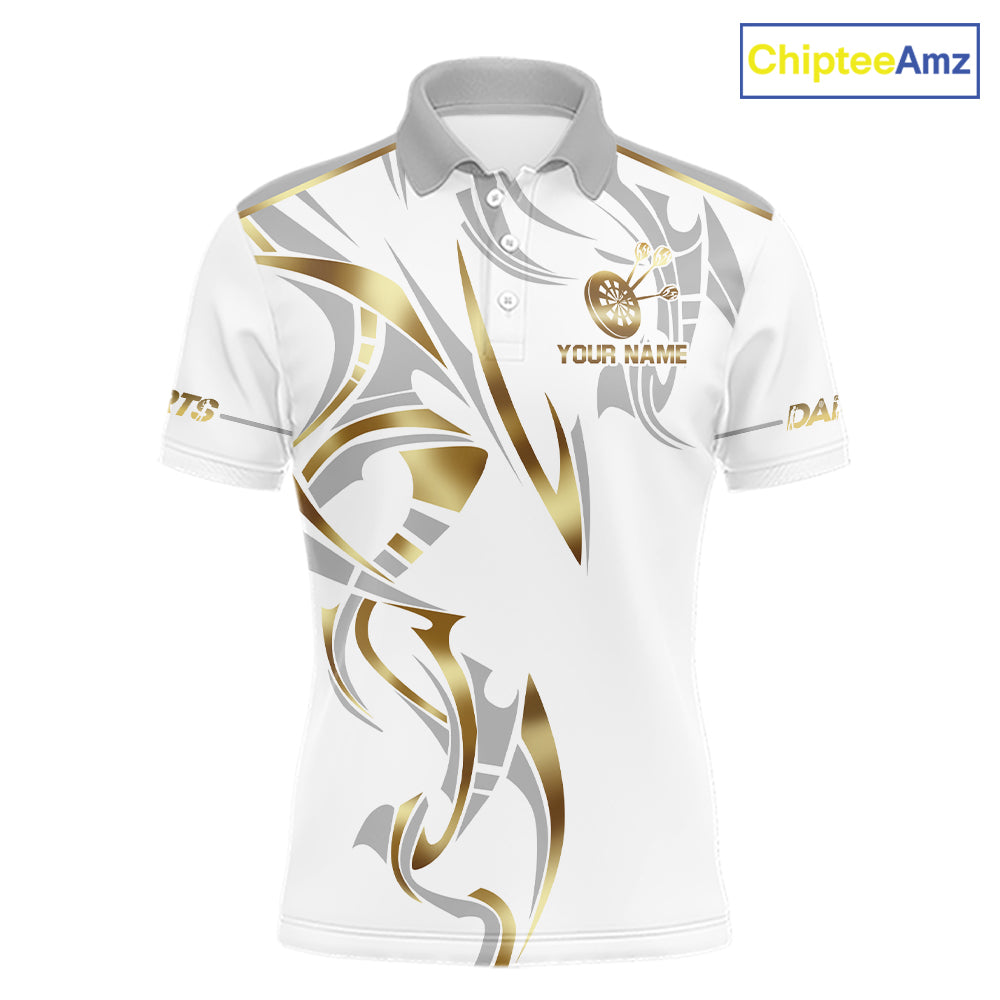 White and gold dartboard crown darts polo shirt for men with custom darts team graphics.