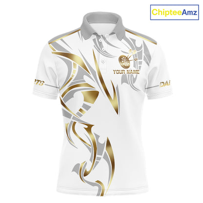 White and gold dartboard crown darts polo shirt for men with custom darts team graphics.