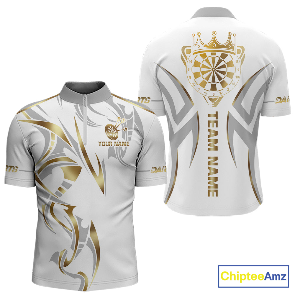 White and gold dartboard crown darts quarter zip shirt for men designed for league tournaments and team events.