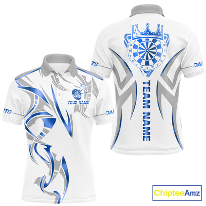 White and blue dartboard crown darts polo shirt for men with custom darts team graphics.