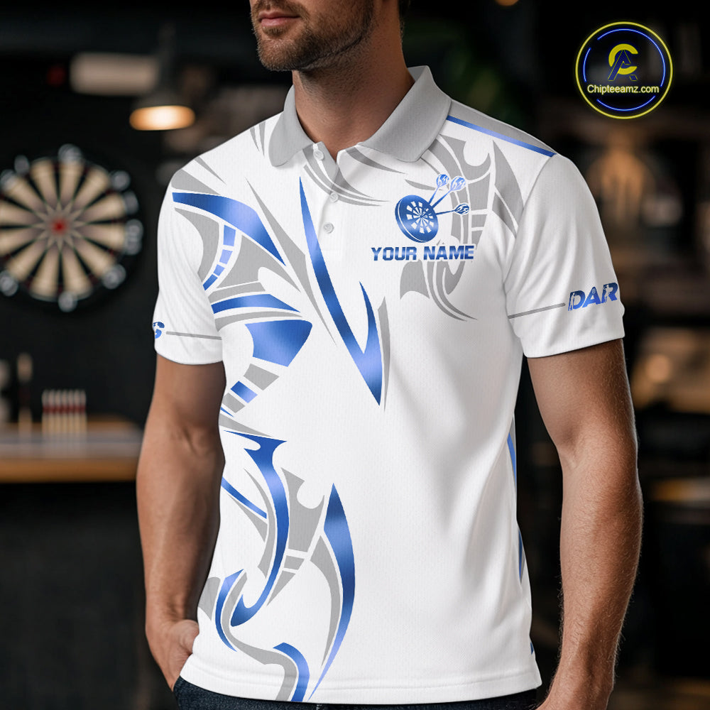 Man wearing a white and blue dartboard crown darts jersey front view.