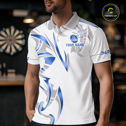 Man wearing a white and blue dartboard crown darts jersey front view.