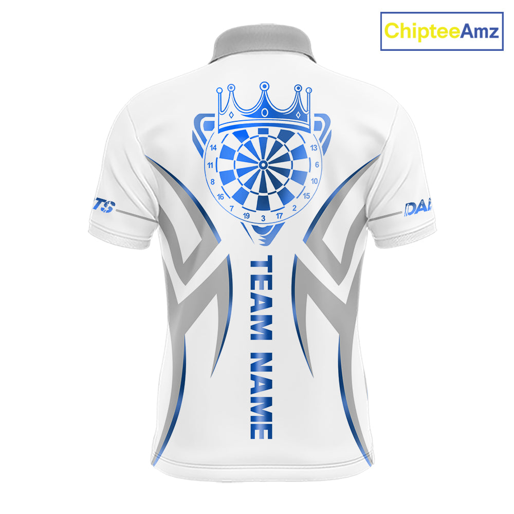 White and blue dartboard crown darts polo shirt for men with custom darts team graphics.