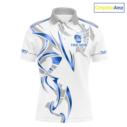 White and blue dartboard crown darts polo shirt for men with custom darts team graphics.