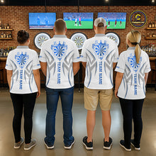Load image into Gallery viewer, Back view of darts players wearing matching white and blue dartboard crown darts shirts.