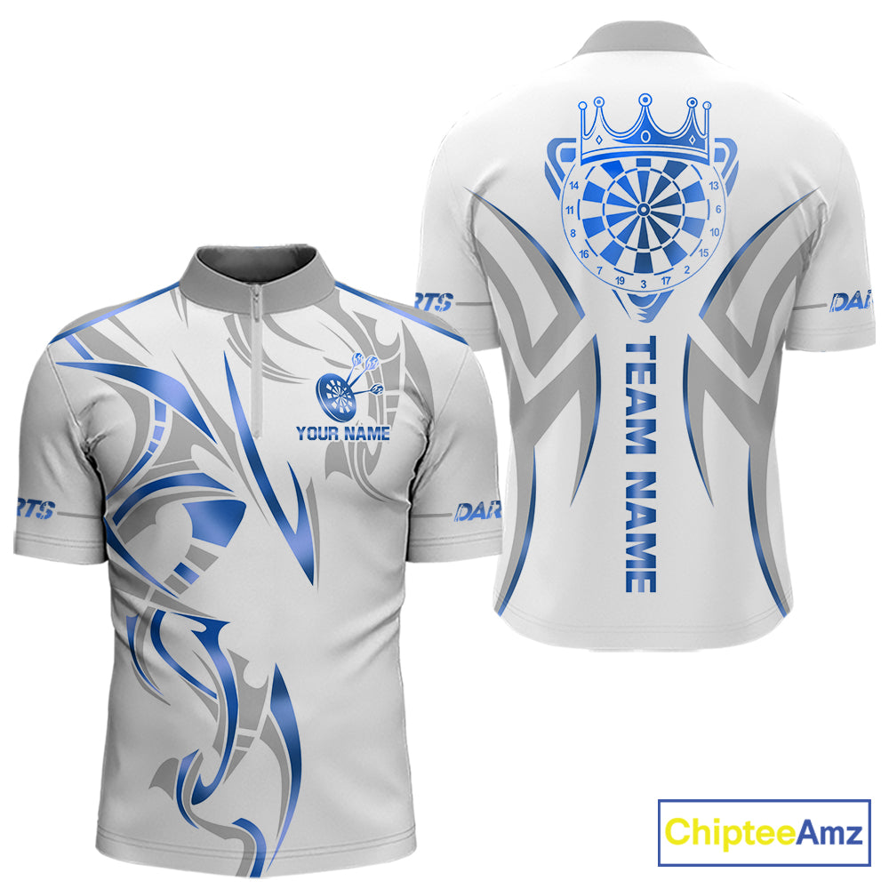 White and blue dartboard crown darts quarter zip shirt for men designed for league tournaments and team events.