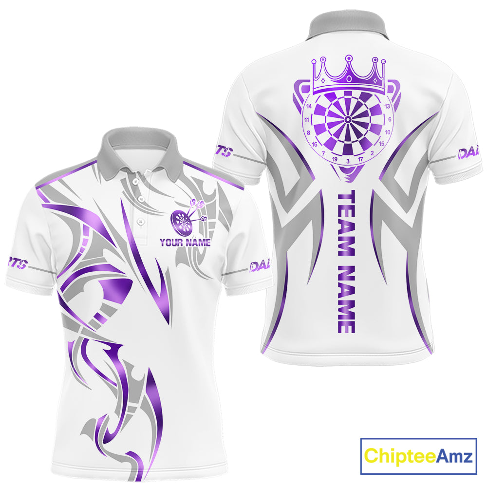 White and purple dartboard crown darts polo shirt for men with custom darts team graphics.