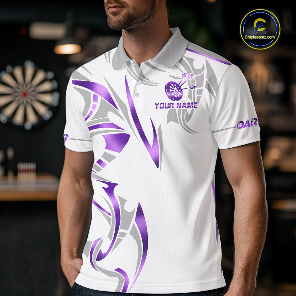 Man wearing a white and purple dartboard crown darts jersey front view.