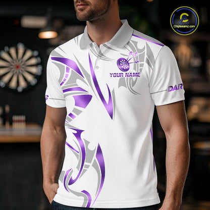Man wearing a white and purple dartboard crown darts jersey front view.