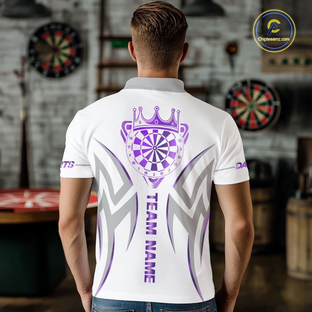 Back view of man wearing a white and purple dartboard crown darts shirt.