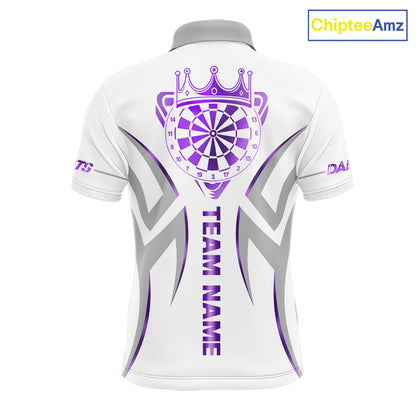 White and purple dartboard crown darts polo shirt for men with custom darts team graphics.