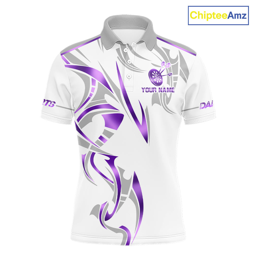 White and purple dartboard crown darts polo shirt for men with custom darts team graphics.