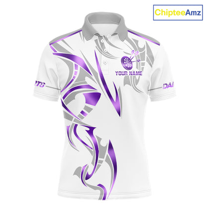 White and purple dartboard crown darts polo shirt for men with custom darts team graphics.