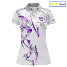 Load image into Gallery viewer, White and purple dartboard crown darts polo shirt for women with custom darts team graphics.
