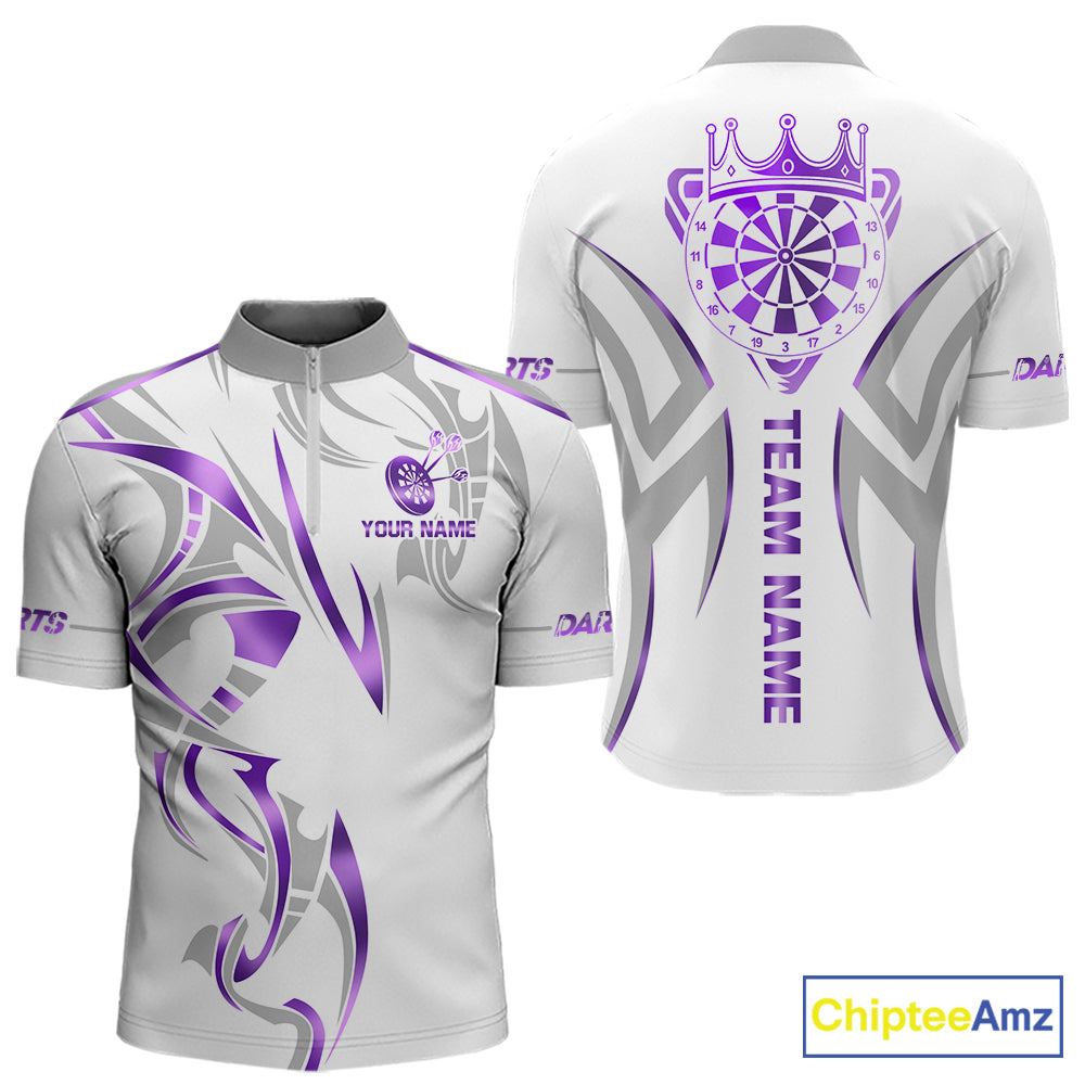 White and purple dartboard crown darts quarter zip shirt for men designed for league tournaments and team events.