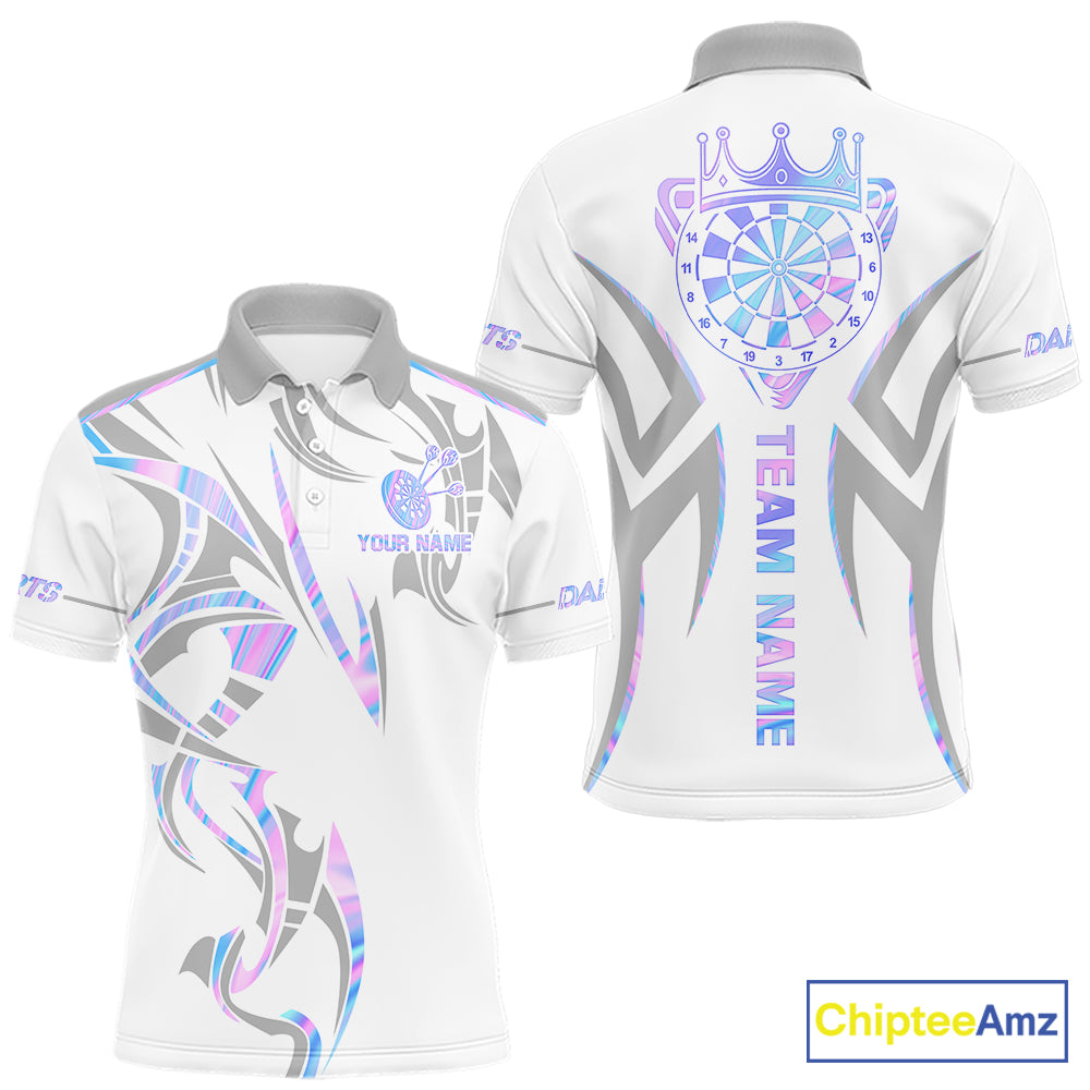 White and holographic dartboard crown darts polo shirt for men with custom darts team graphics.