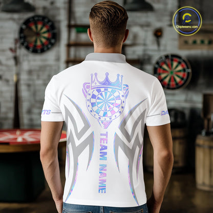 Back view of man wearing a white and holographic dartboard crown darts shirt.
