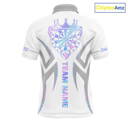 White and holographic dartboard crown darts polo shirt for men with custom darts team graphics.