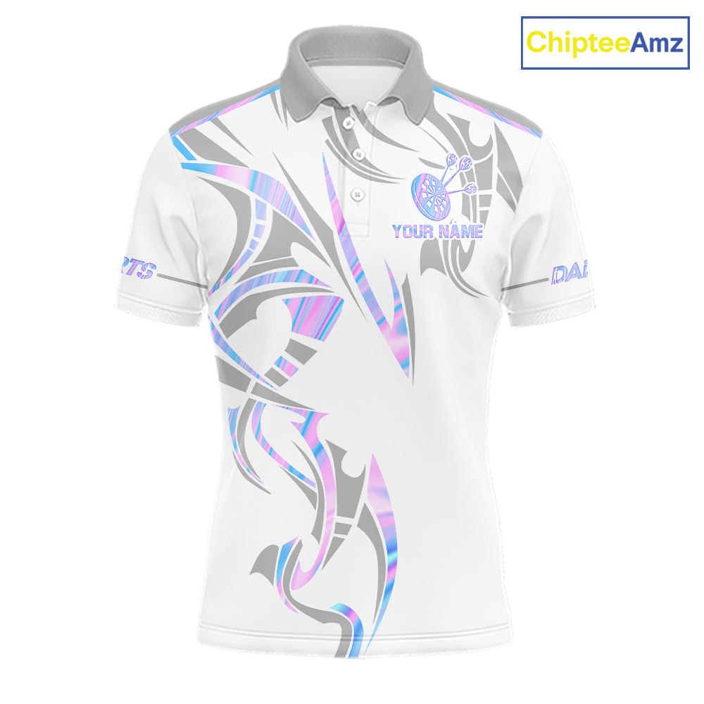 White and holographic dartboard crown darts polo shirt for men with custom darts team graphics.