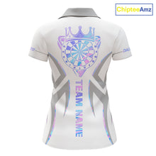 Load image into Gallery viewer, White and holographic dartboard crown darts polo shirt for women with custom darts team graphics.
