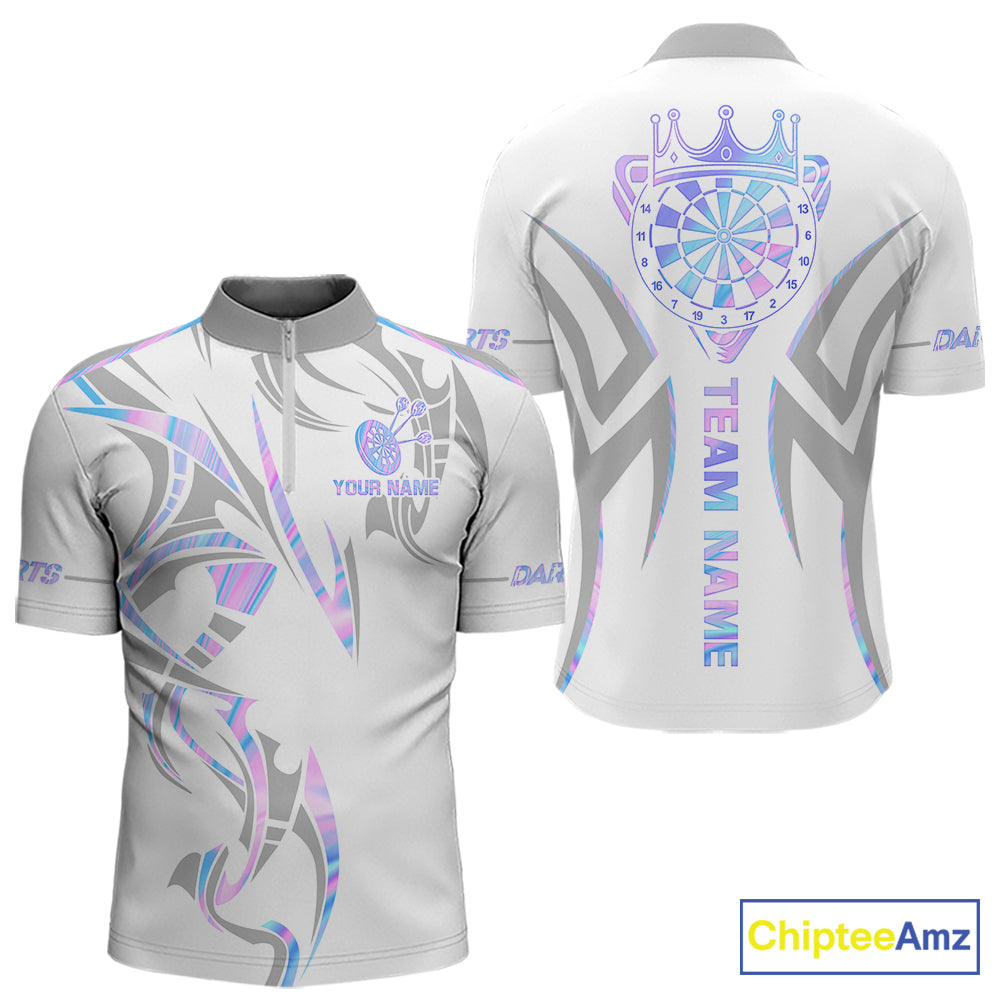 White and holographic dartboard crown darts quarter zip shirt for men designed for league tournaments and team events.