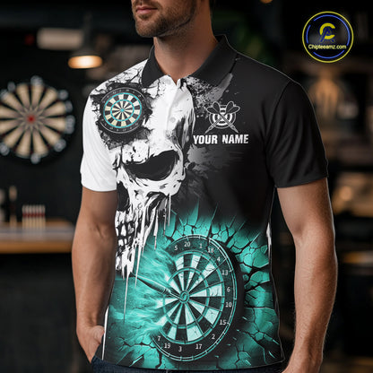Personalized Grunge Skull Crack Wall Men Dart Shirts Custom Darts League Team Jerseys |Turquoise TDM2784