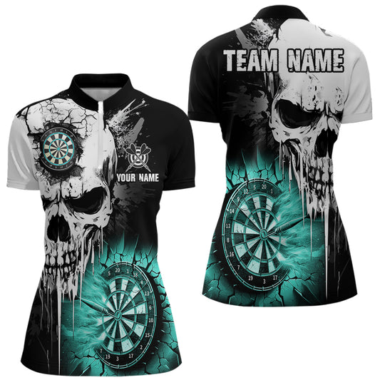 Personalized Grunge Skull Crack Wall Women Dart Shirts Custom Darts League Team Jerseys |Turquoise TDM2784