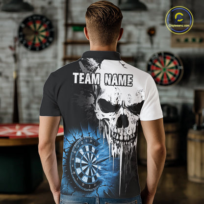 Personalized Grunge Skull Crack Wall Men Dart Shirts Custom Scary Darts League Team Jerseys |Blue TDM2785