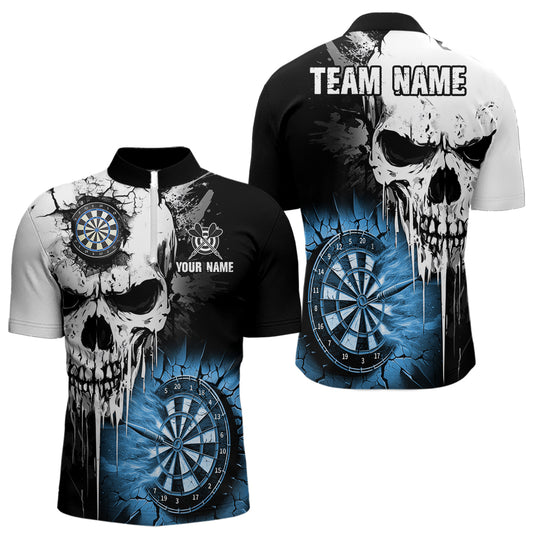 Personalized Grunge Skull Crack Wall Men Dart Shirts Custom Scary Darts League Team Jerseys |Blue TDM2785