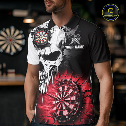 Personalized Grunge Skull Crack Wall Men Dart Shirts Custom Scary Darts League Team Jerseys |Red TDM2786