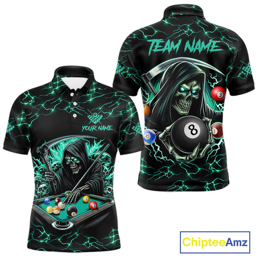 Turquoise Funny Grim Reaper 8 Ball Pool Men Billiard Shirt Custom Lightning Billiard Team Jerseys TDM5239