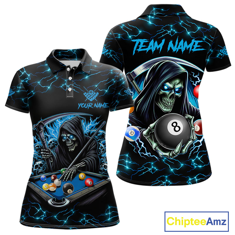 Blue Funny Grim Reaper 8 Ball Pool Women Billiard Shirts Custom Billiard Jersey Team Polo & 1/4 Zip TDM5240