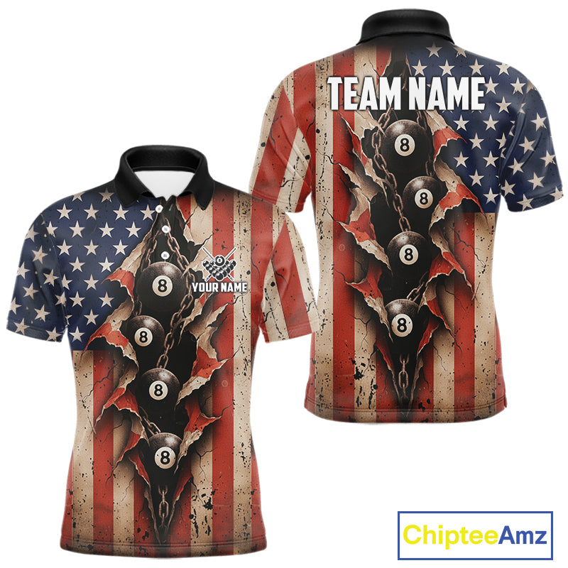Vintage American Flag Chain 8 Ball Pool Billiard Shirt For Men Custom Patriotic Billiard Jerseys TDM5244
