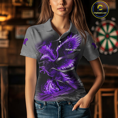 Personalized Phoenix Flame Darts Shirt For Women Custom Darts Team Jersey Polo & 1/4 Zip |Purple TDM5248