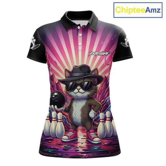 Pink Funny Cat Bowling Jersey For Women Custom Neon Graffiti Bowling Shirt Team Polo & 1/4 Zip TDM5756
